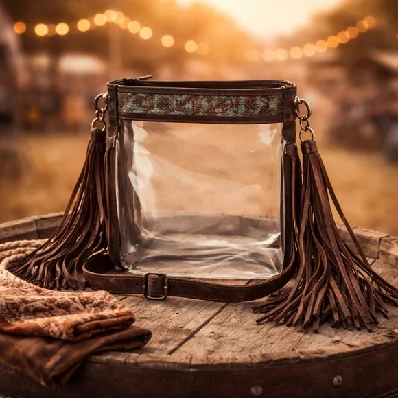 New Stadium Concert Bag Clear Adjustable Crossbody with Brown Leather Fringe - Picture 1 of 7